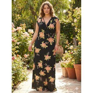 Vintage Y2K Black Floral Maxi Dress Slinky Whimsigoth Fairy Grunge Rose Print 16